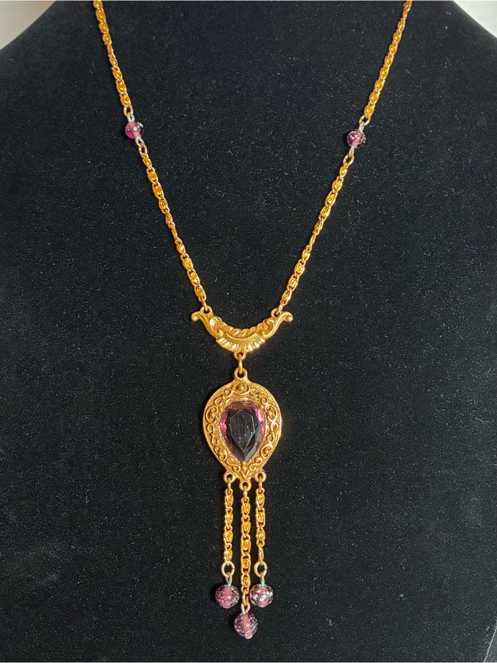 Vintage Goldette Signed “Amethyst” Colored Glass Gold Tone Necklace